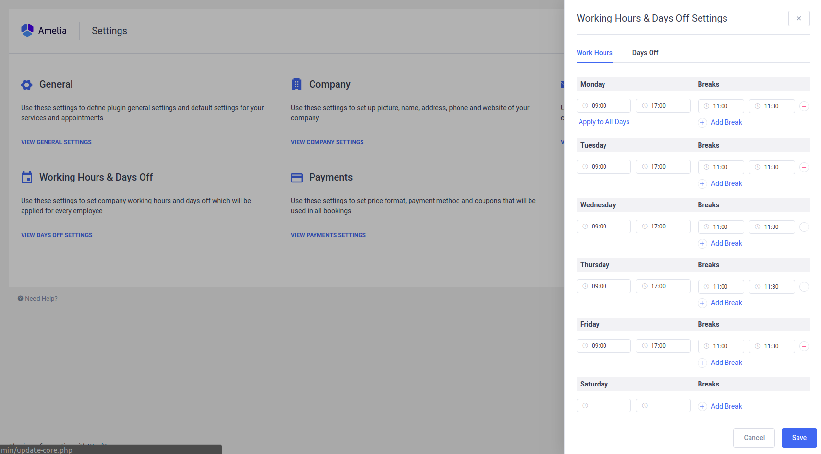 Working Hours Settings in Amelia - WordPress Booking Plugin