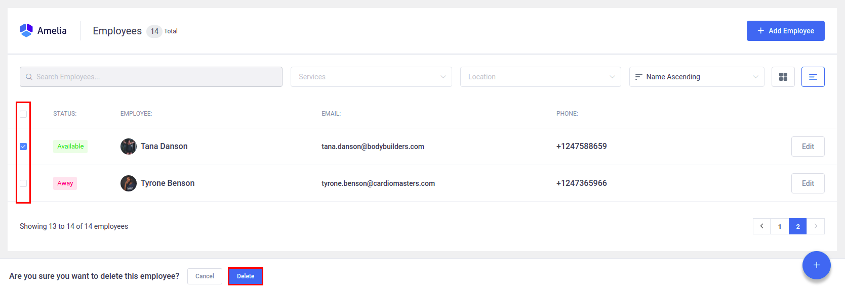 Amelia WordPress - Delete multiple employees