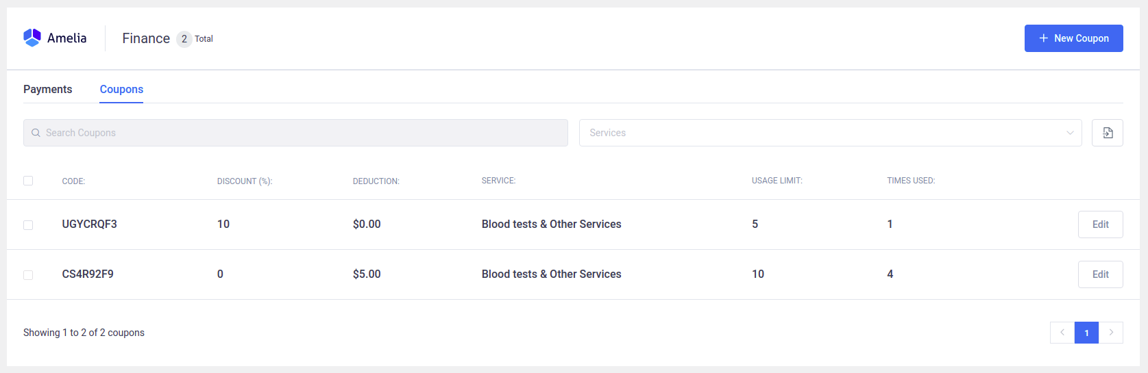 Amelia WordPress - Coupons Page