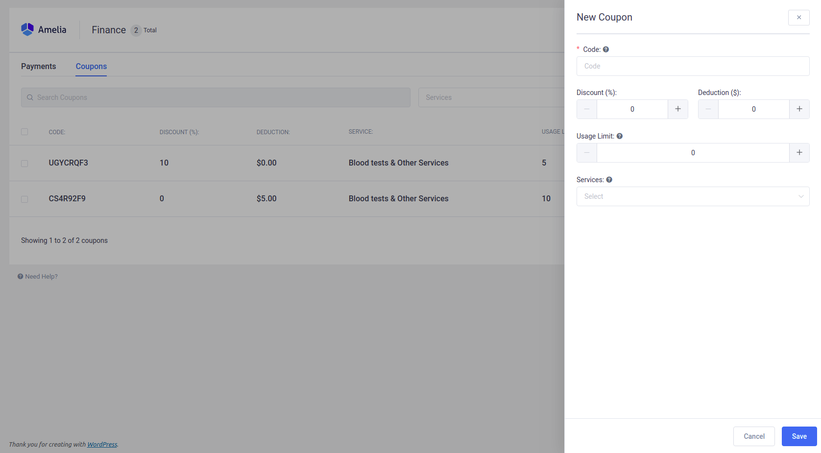 Amelia WordPress - Create Coupon