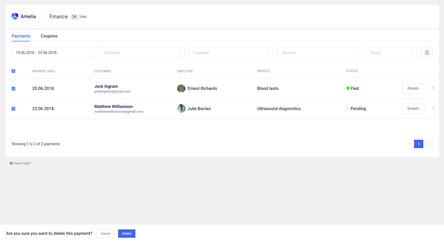 Amelia WordPress - Delete Multiple Payments