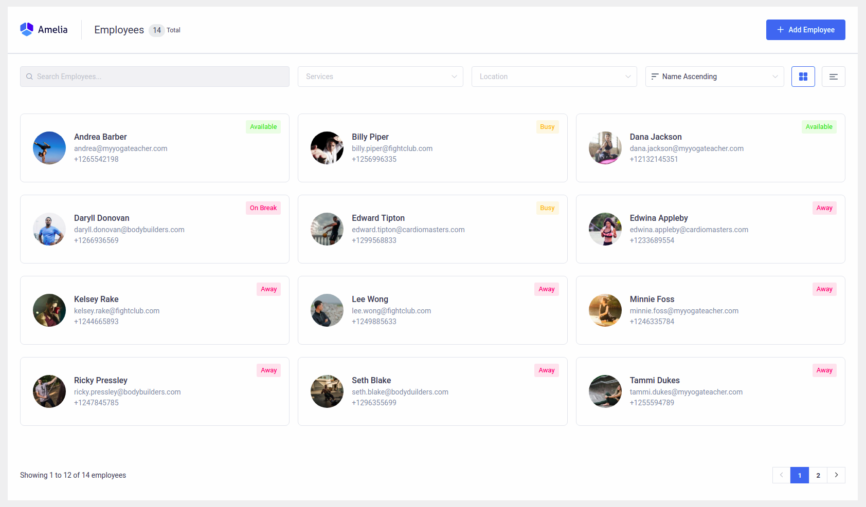 Employees page Grid view