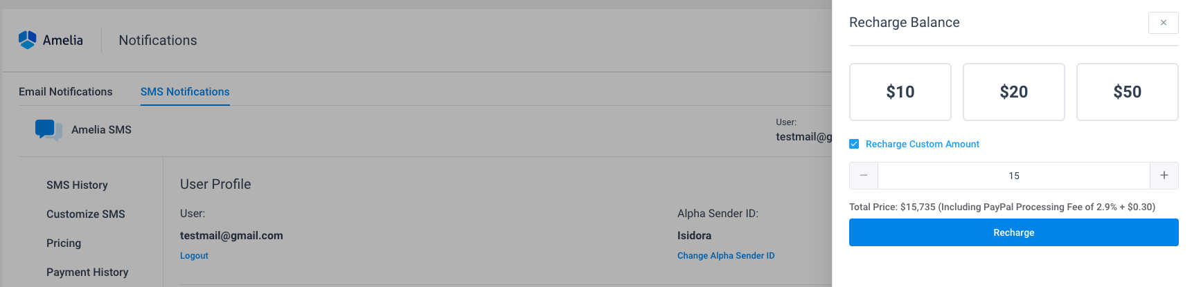 Recharge Balance Amelia WordPress Booking Plugin