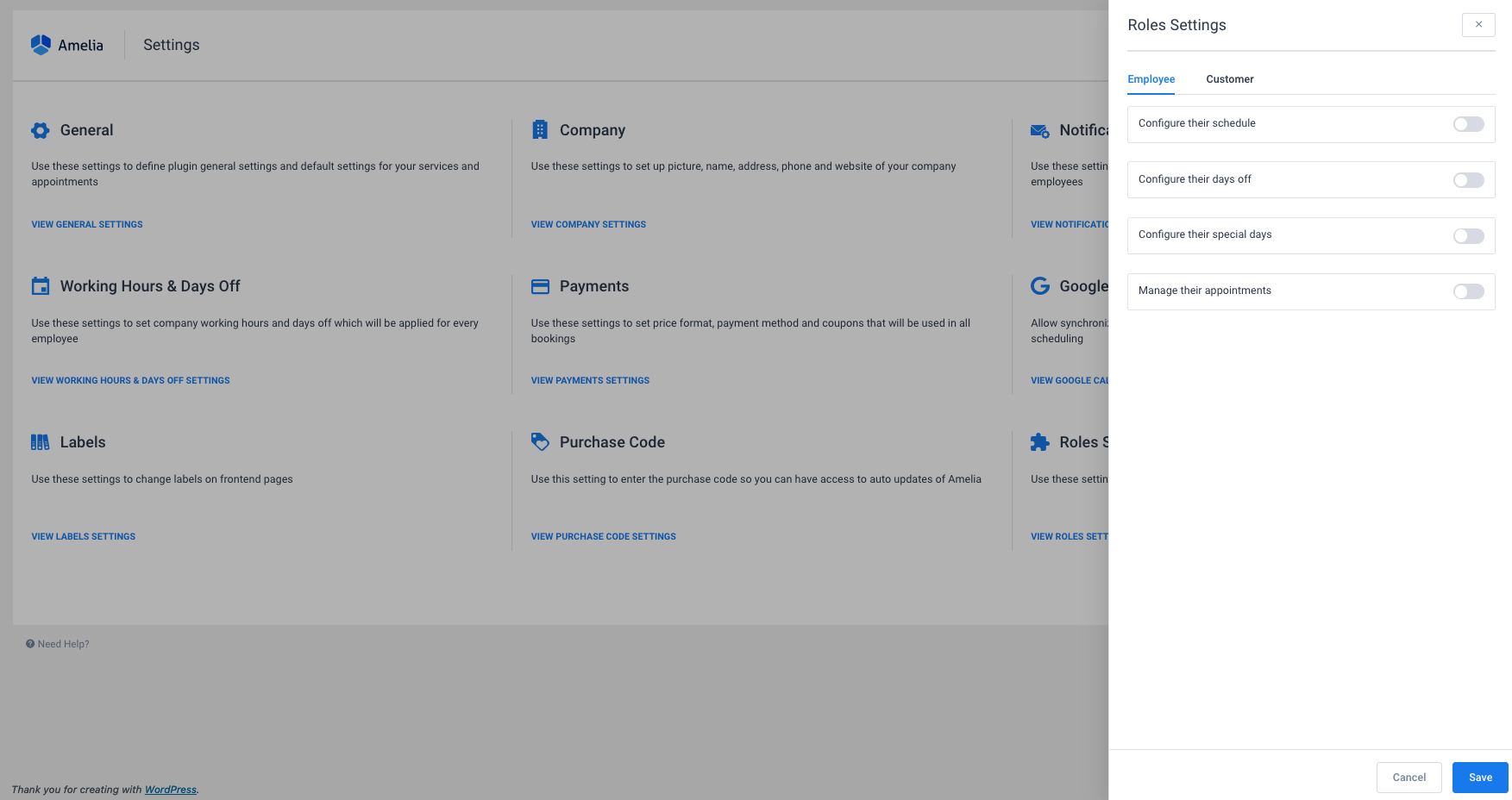 Roles Settings Amelia WordPress Booking Plugin