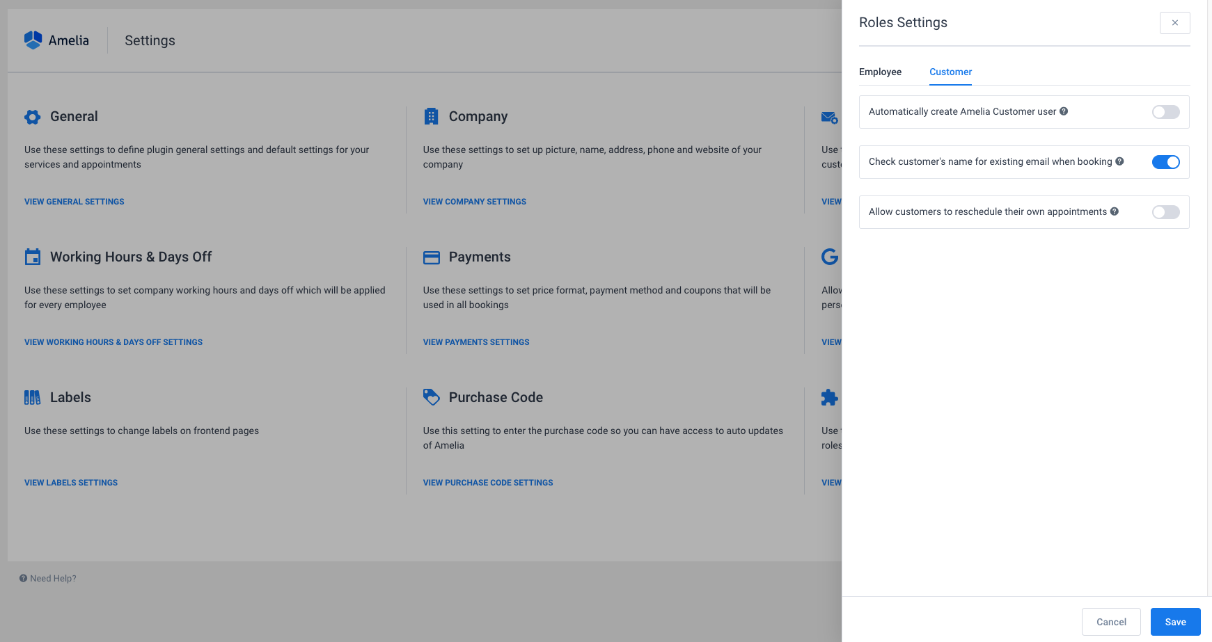 Customer Roles Settings Amelia WordPress Booking plugin