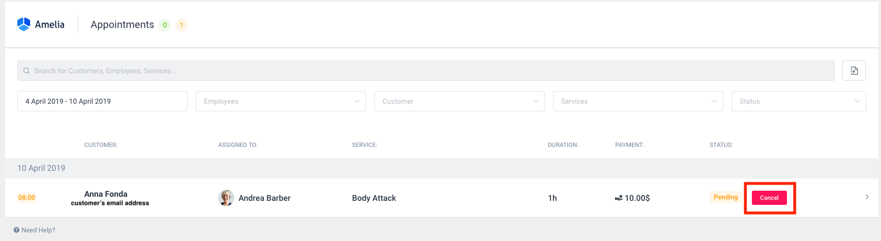 Customer Cancel Amelia WordPress Booking Plugin