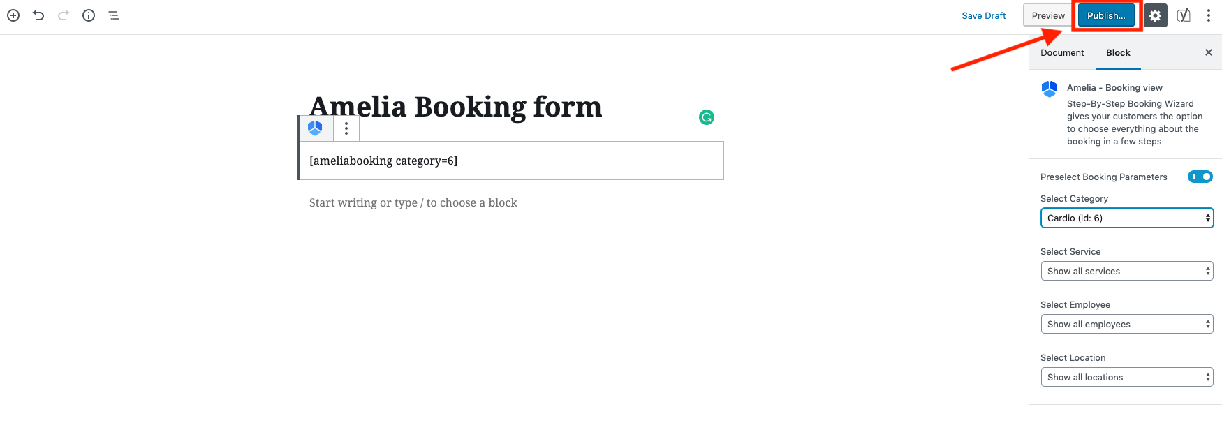 Publish page Amelia WordPress Booking plugin