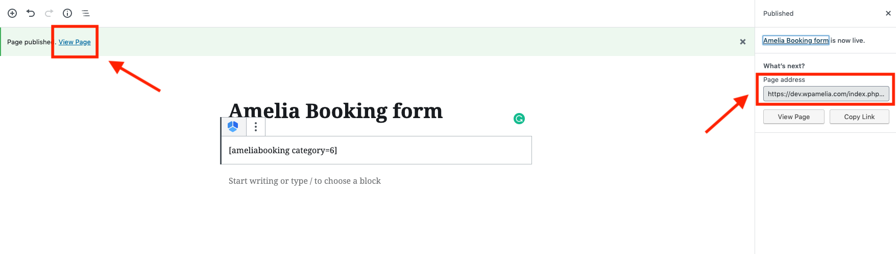 Publish page link Amelia WordPress Booking plugin