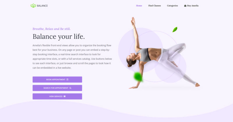 amelia yoga booking page demo screenshot