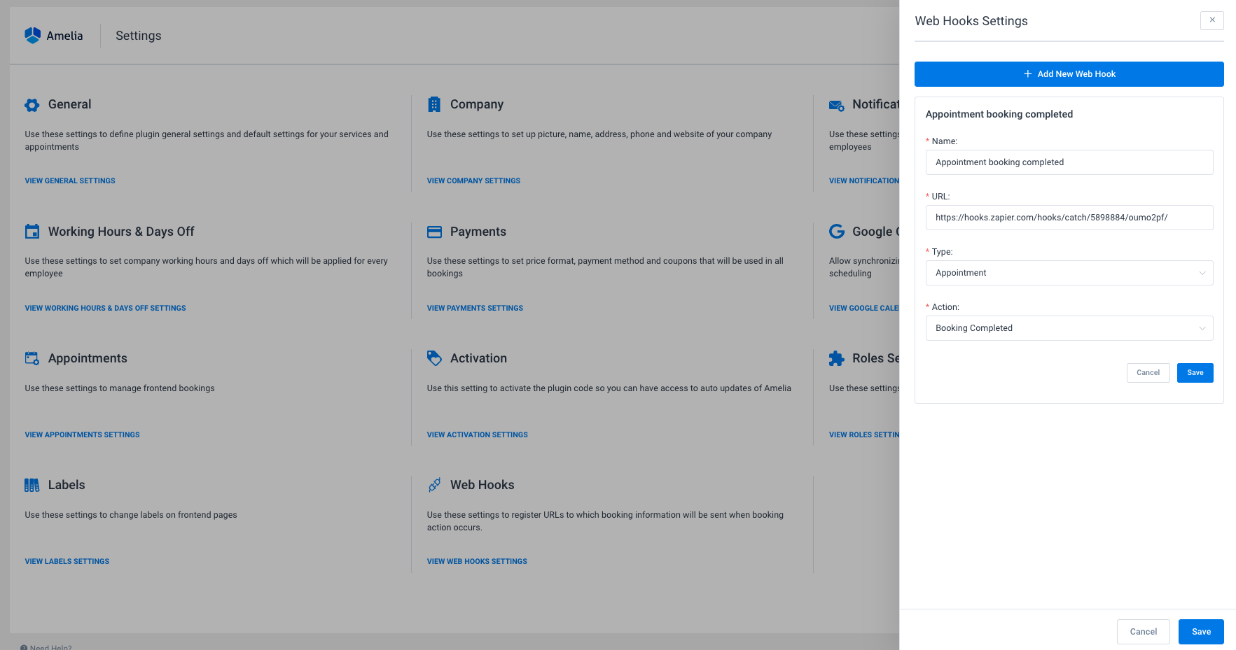 Web Hooks Settings Amelia WordPress booking plugin