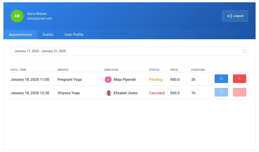 Appointments list in Front-end Customer Panel