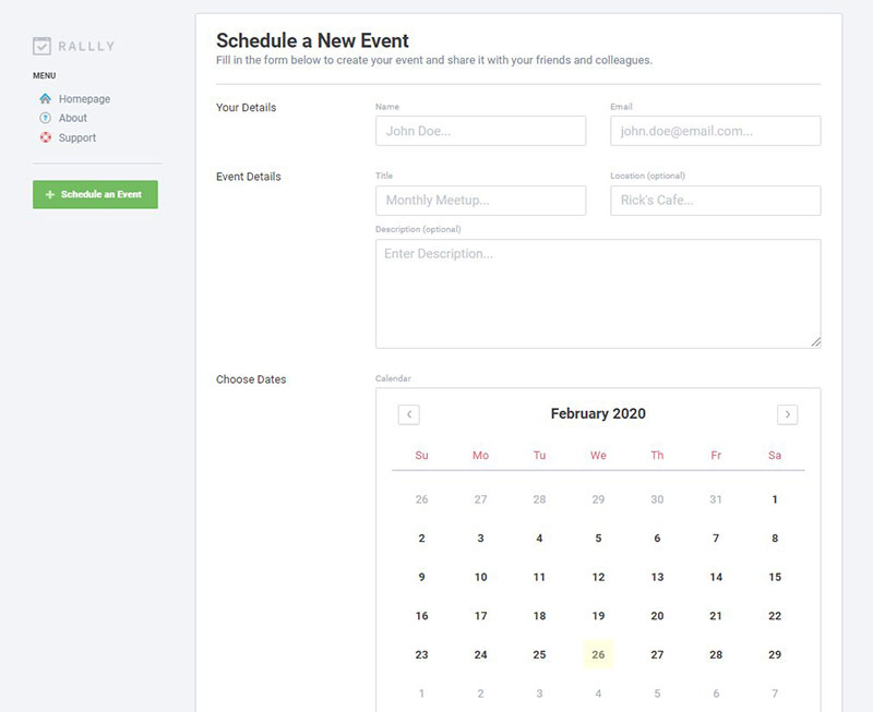 rallly schedule a new event overview