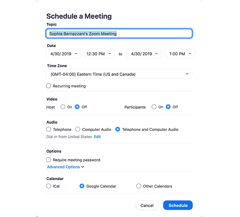 schedule a new zoom meeting