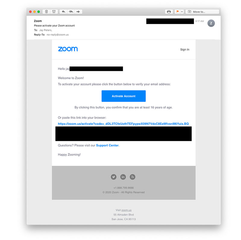 zoom account activation email