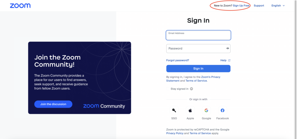Sign up free button zoom