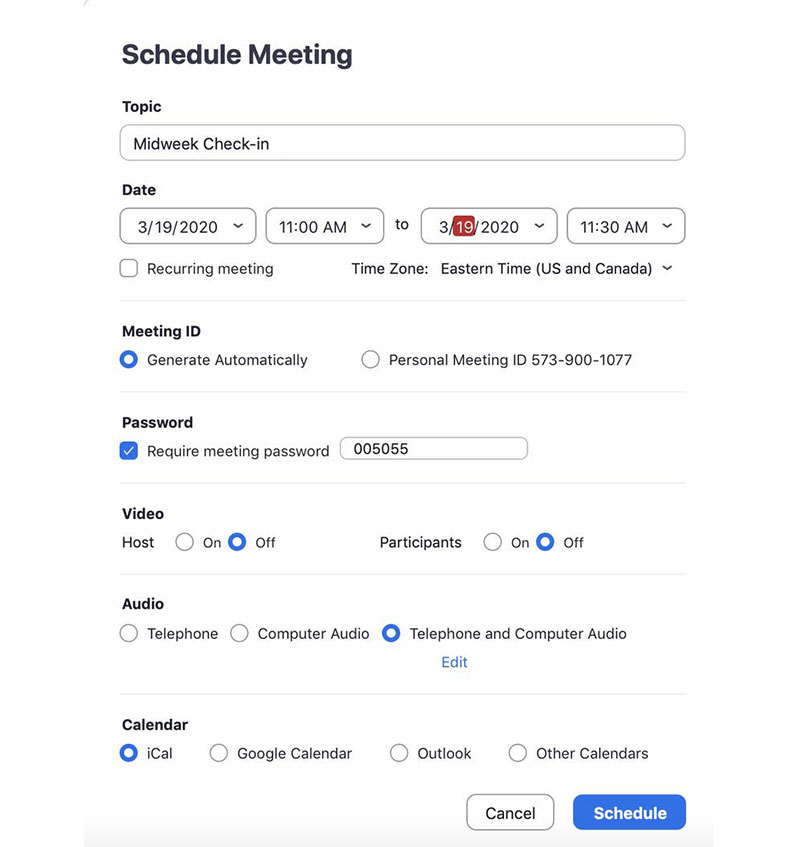 how to schedule a zoom meeting settings panel screenshot