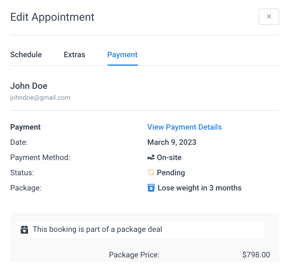 Payment Details Package Amelia WordPress Booking Plugin