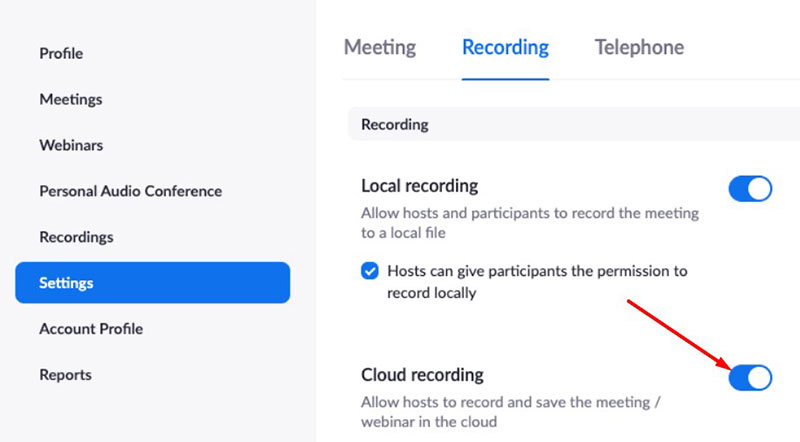 zoom cloud recording enable button