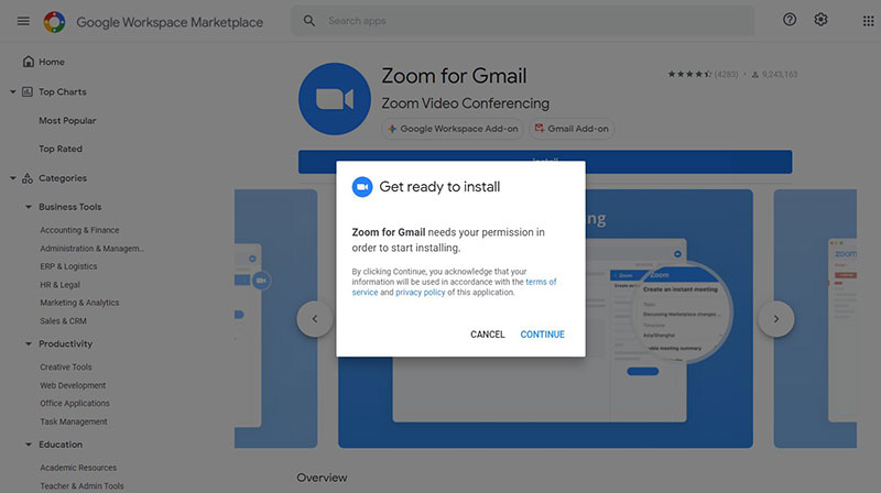 Zoom for gmail installation permission pop-up 