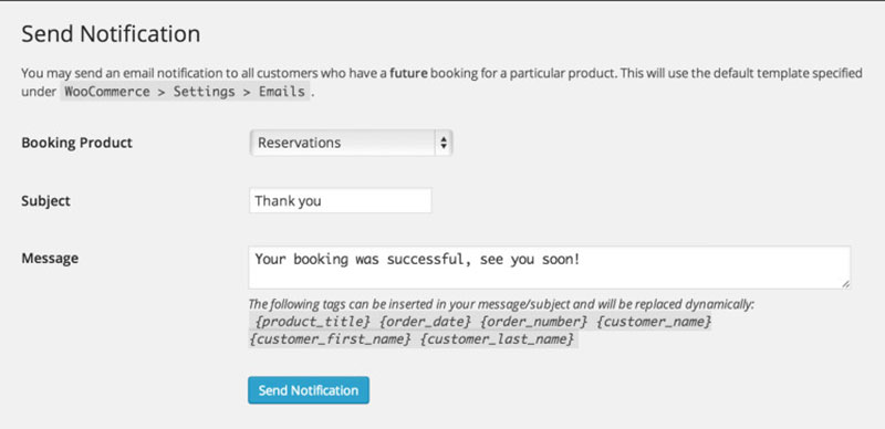 wocommerce bookings notification screen