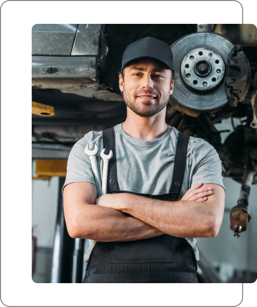 A mechanic in a car repair shop with the text field that lists the benefits of using Amelia booking plugin for WordPress