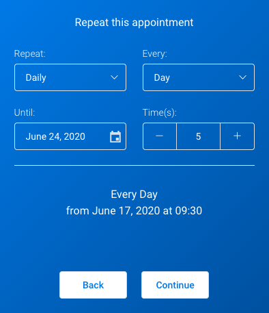 amelia booking form window for scheduling recurring appointments by day 