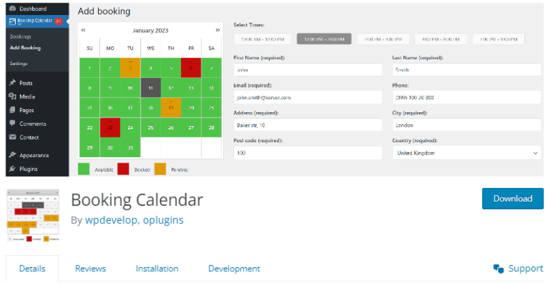 booking calendar wordpress landing screenshot