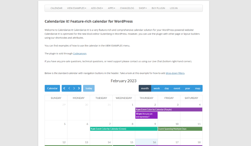 calendarize event plugin website screenshot 