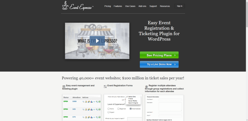 event espresso homepage screenshot