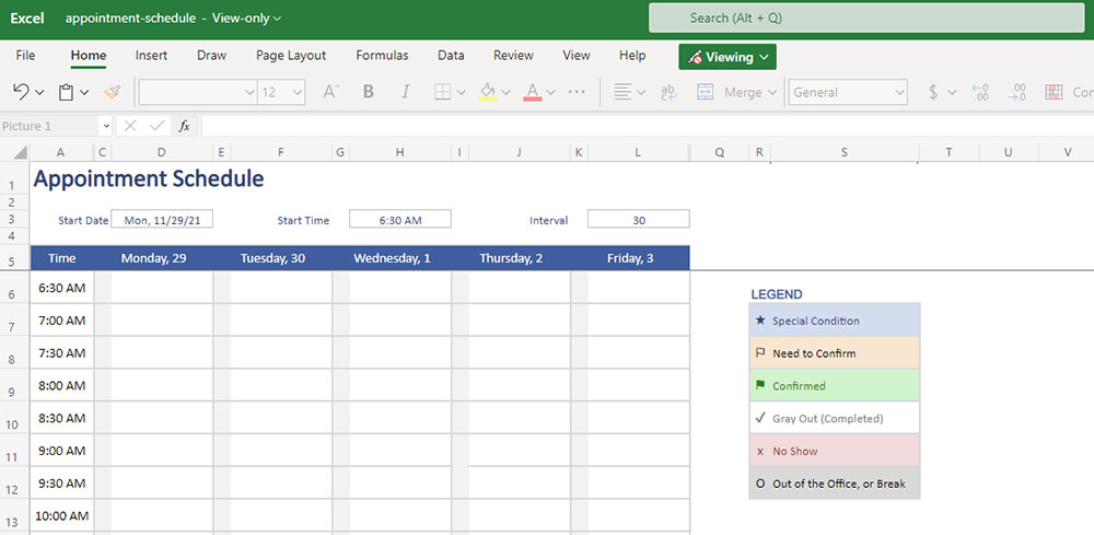 excel weekly appointment calendar template