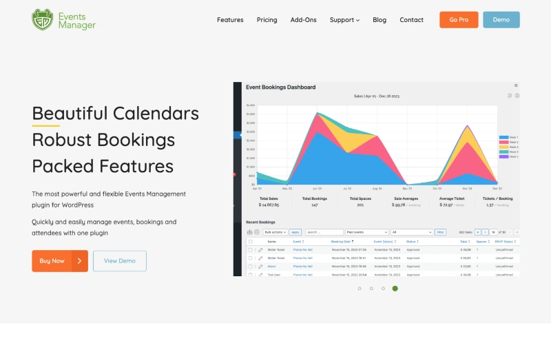 events manager homepage screenshot