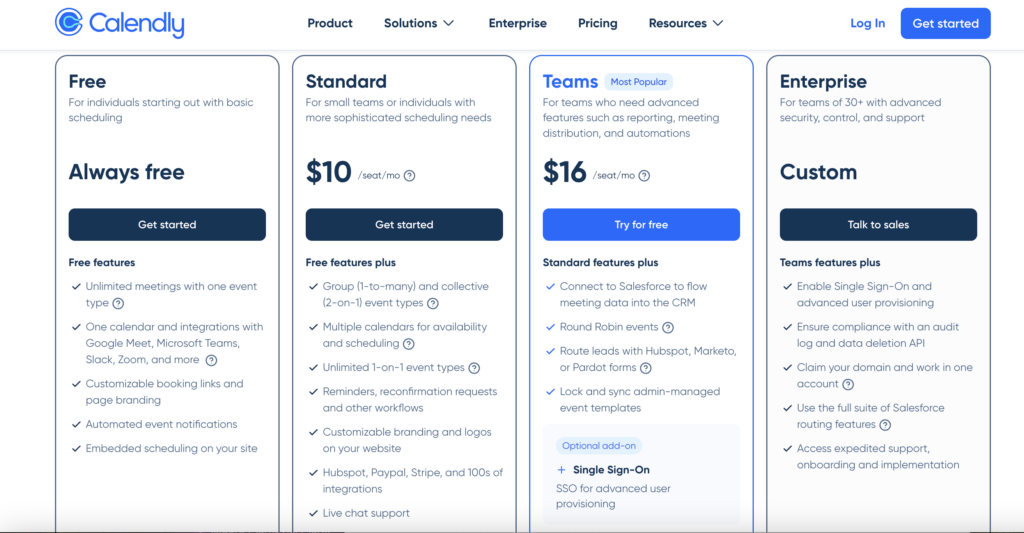 Calendly new pricing page comparison between plans