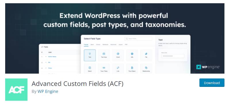 advanced custom fields wordpress plugin download page screenshot 