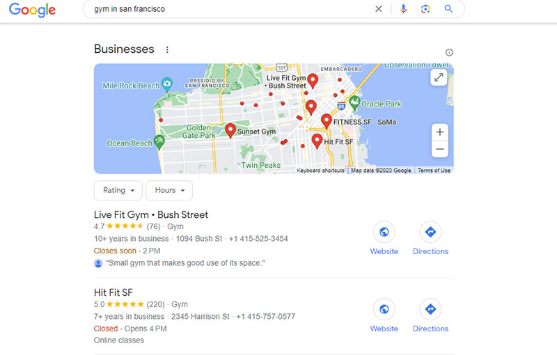 Example of a Google results page for the term gym san francisco