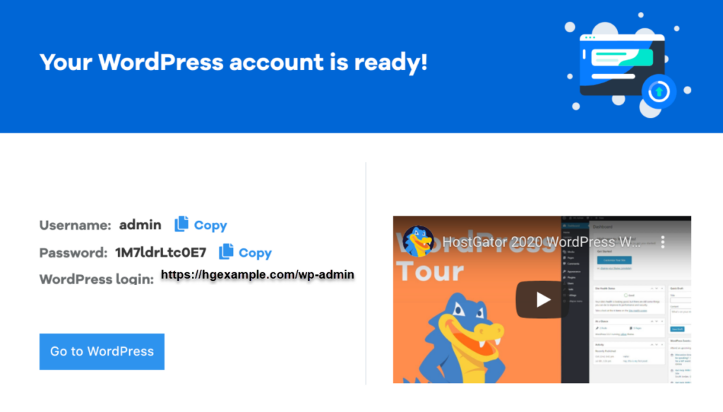 hostgator automatically sets up wordpress acocount screen