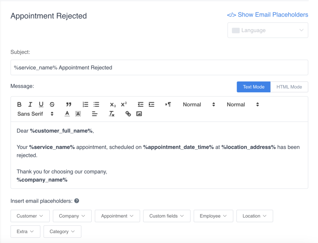 amelia appointment rejected automated email example