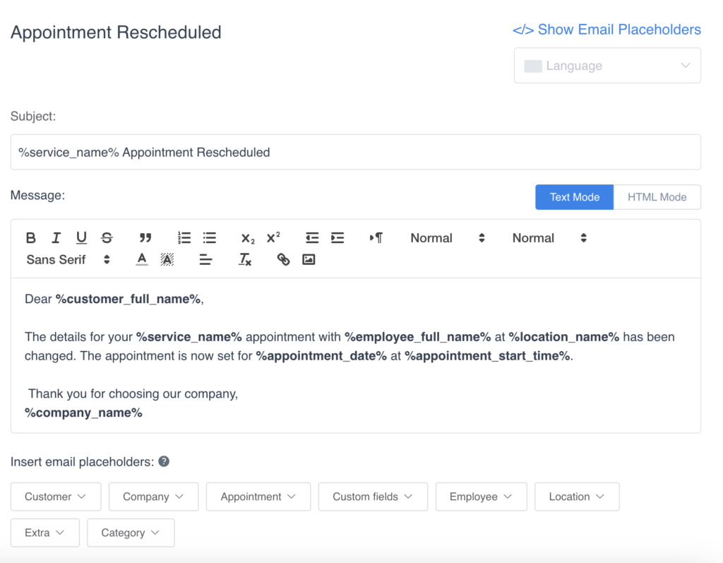 amelia appointment rescheduled automated email template