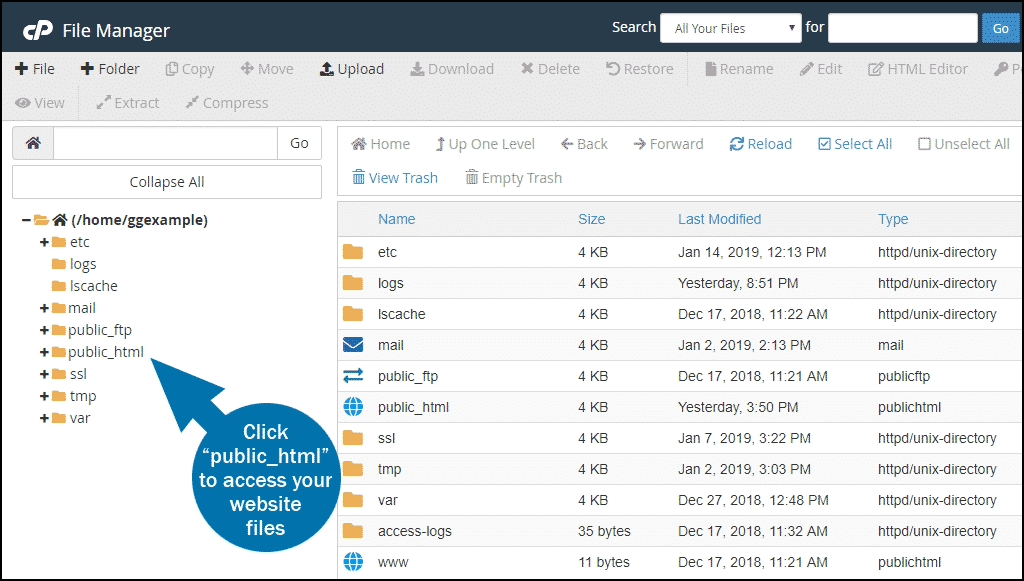cpanel file manager folder selection screen