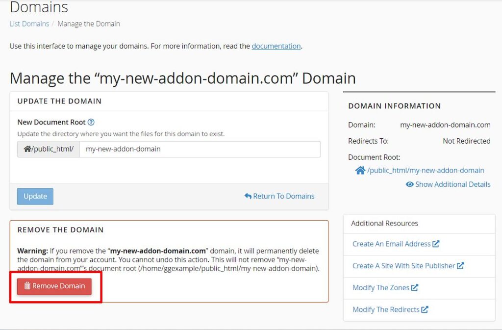 cpanel remove domain name 