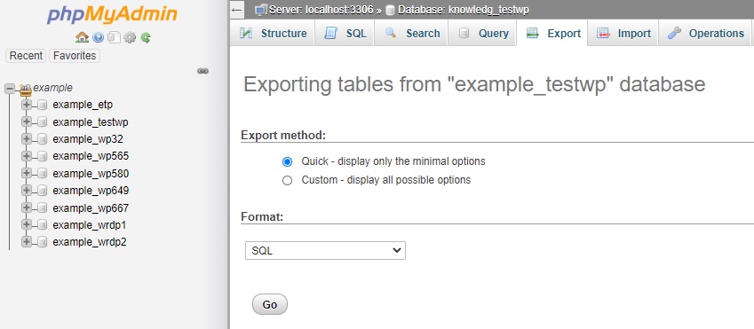 phpmyadmin database export options