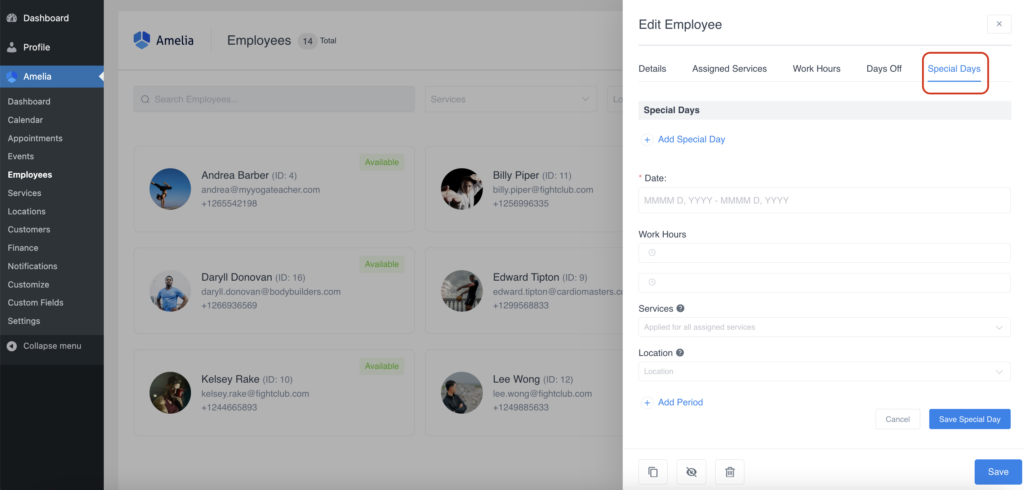 setting employees' special days in amelia 