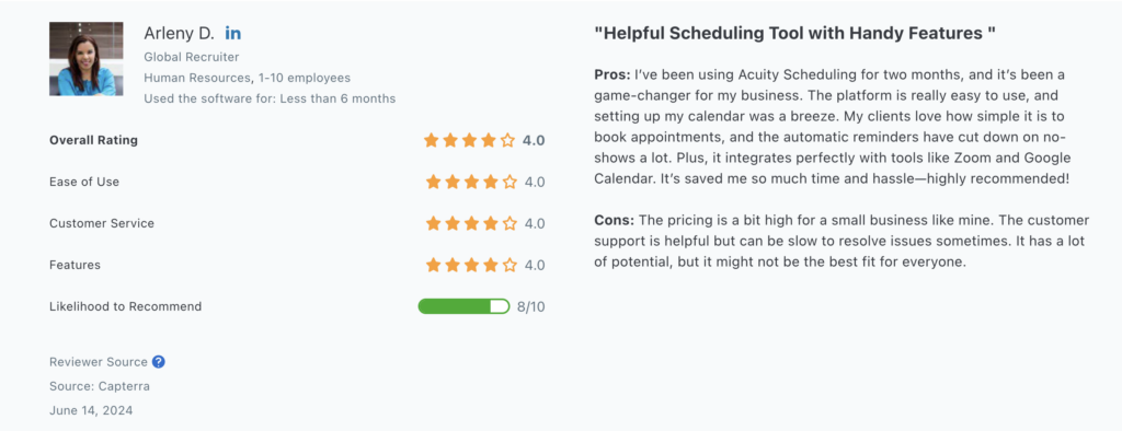 acuity scheduling customer review capterra