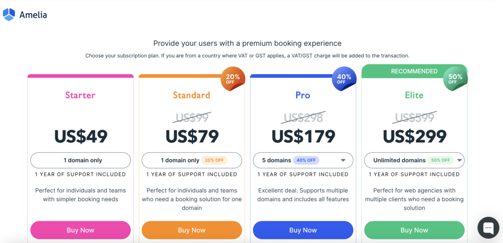 amelia vs. acuity scheduling: amelia pricing plans