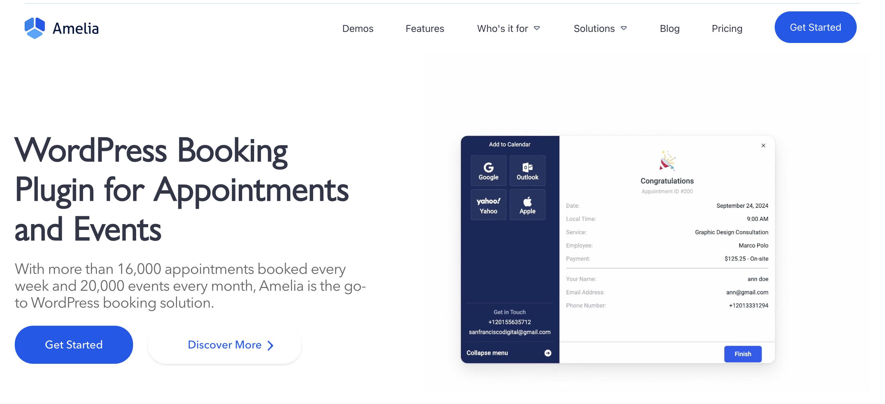 Amelia booking solution landing page