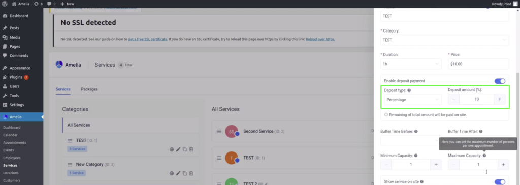 Deposit payment settings in Amelia