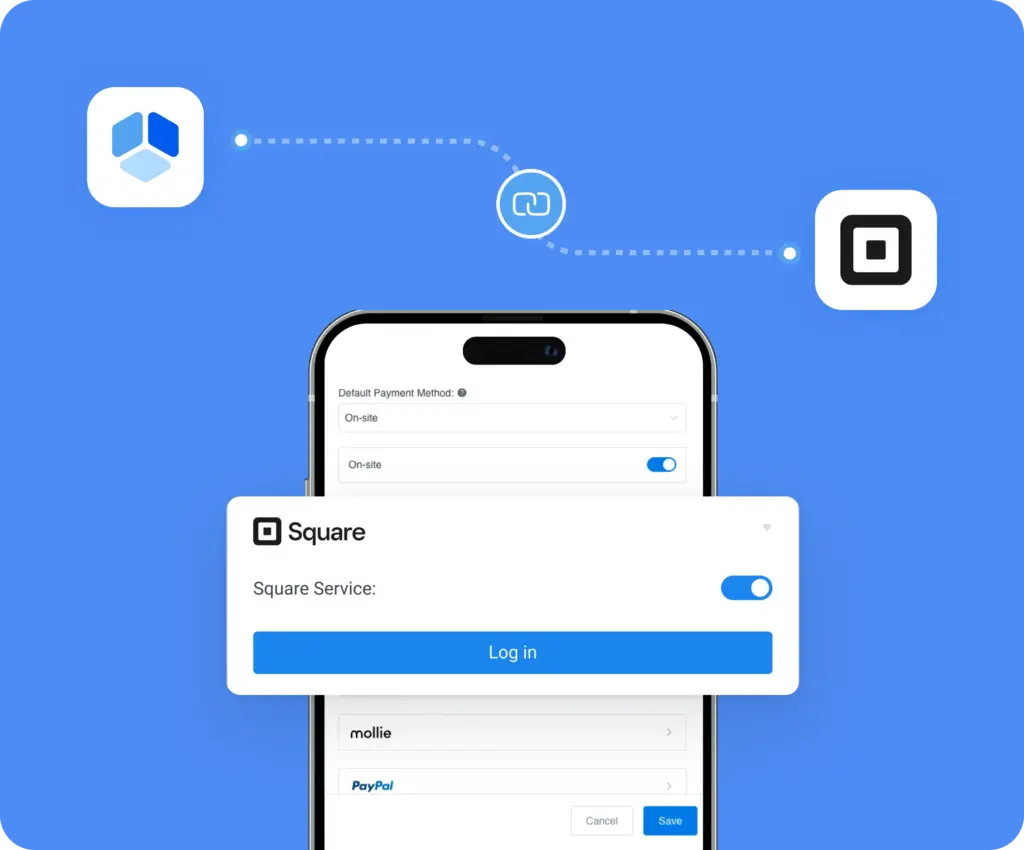 Photo showing the integration of Amelia with Square, including the option to use Square payments in Amelia's Lite version