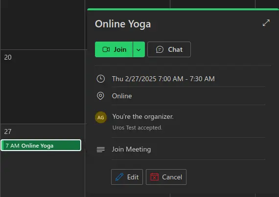 Blue Microsoft Teams button inside the event on Outlook Calendar for joining the meeting.