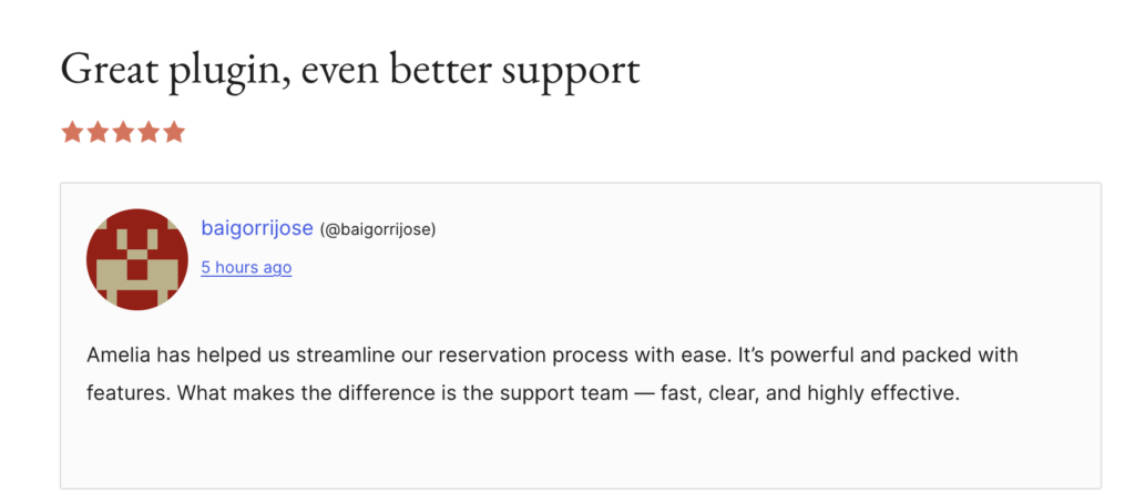 Amelia customer review on WordPress.org