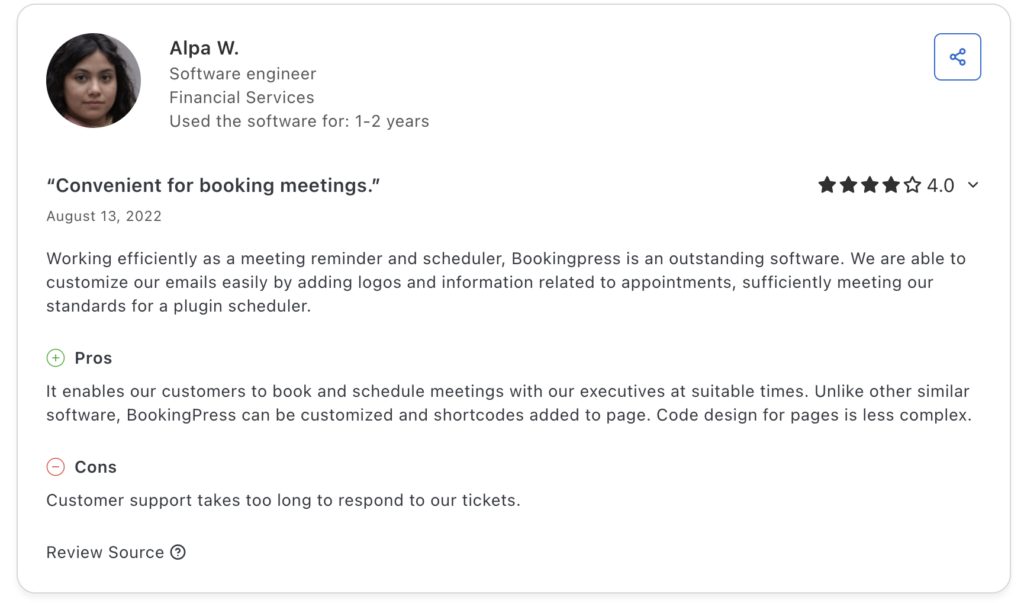 Customer review for BookingPress