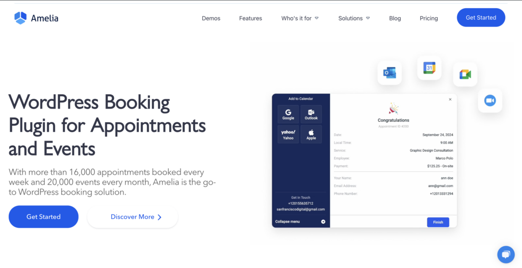 Amelia's website landing page
